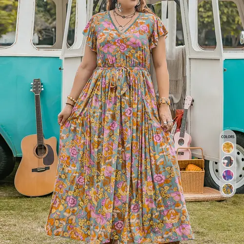 Plus Floral Print Ruffle Hem Belted Butterfly Sleeve A Line Dress, Summer Clothes Women Boho Contrast Lace Dress for Beach Vacation Holiday, Sundress Maxi Dress Bohemian, Summer Ruffle Dresses
