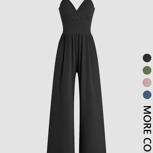 Women's Solid Plicated Ribbed Fitted Wide Leg Cami Jumpsuit, Summer Outfits 2024, Casual Sleeveless Spaghetti Strap High Waist Pleated Jumpsuit for Daily Wear, Casual Fashion Jumpsuit, Womenswear