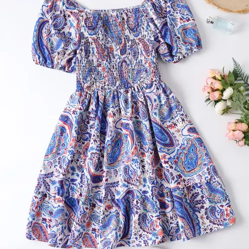 Plus Size Floral Print Puff Sleeve Shirred Ruffle Hem Dress, Boho Style Floral, Summer Clothes Women Casual Wear, Plus Boho Bohemian A Line Dress for Beach Holiday Wedding Guest, Lady's Summer Outfits
