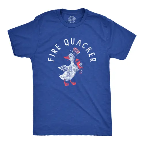 Mens Fire Quacker T Shirt Funny Sarcastic Fourth Of July Party Duck Fireworks Joke Graphic Tee for Guys Mens Funny T Shirts Cool Vintage Fashion T-Shirt Gift Classic Menswear Patriotic Apparel for Men Funny Royal