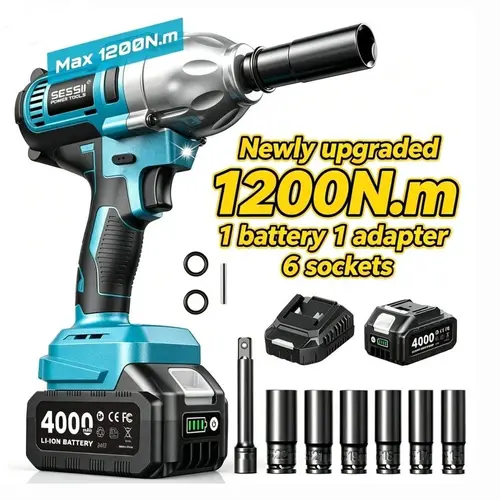 SEESII Cordless Impact Wrench, High Torque 1200N.m, 1/2-inch, One 4.0Ah Battery, 3300RPM, 6 Sockets, Electric Impact Driver, Gift for Home, Vehicles & Men, WH710 Pro