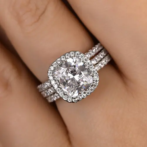 Effinny 3.0ct Stunning Halo 3PCS Cushion Cut Wedding Ring Set ,5A Grade Cubic Zirconia Bridal Set in 925 Sterling Silver Promise Ring, Adults