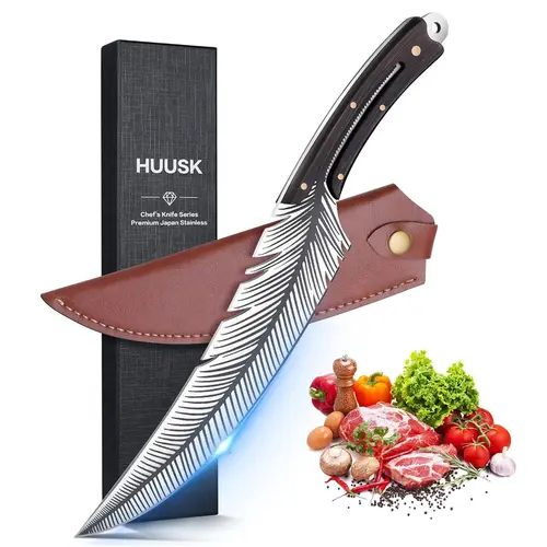 Huusk Professional Chef Boning Knife - Hand-Forged High Carbon Steel Sharp Feather Blade with Wooden Handle & Sheath, Ideal for Meat, Feather Adds Kitchen Character, Great Gifts for Boyfriend & Father's Day for Knives Enthusiasts