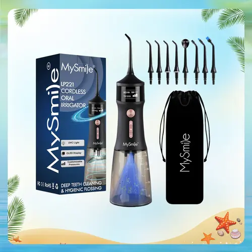 MySmile Cordless Advanced (LP221) UVC Light Portable Water Flosser Teeth Cleaner, 335ML Rechargeable High Pressure Dental Oral Irrigator with OLED Display, 4 Modes, 8 Jet Tips, BK Oral Care Kit for Orthodontic & Plaque Removal