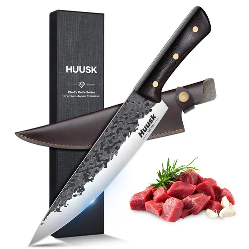Huusk 8-Inch Professional Hand Forged High Carbon Steel Kitchen Chef Knife, Plain Edge Narrow Blade, Wooden Handle, Rust-Resistant Stainless Steel, Non-Sticky Cutting, Ideal for Meat & Veggies, Perfect Father's Day Gift