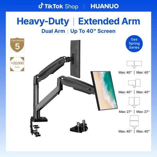 HUANUO Dual Arm Monitor Desk Mount for 13-35'' VESA Screens, Extended Arm, Height Adjustment, USB Port, Heavy-Duty Gas Spring, Holds 2 Desktop Monitors Up to 28.4lbs