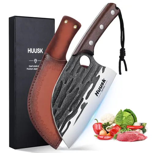Huusk Upgraded Serbian Kitchen Knife Bundle - Small Meat Bone Cleaver, Steel Steak Knife with Wooden Handle, Leather Sheath, Gift Box - Ideal Father's Day/Christmas Gift for Cutting Tasks, Cooking
