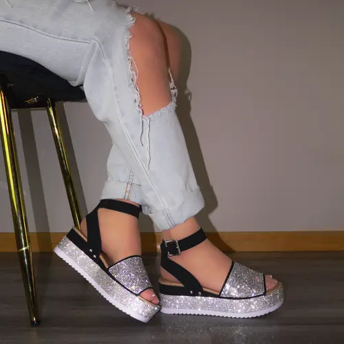 Karla - Embellished Platform Ankle Strap Sandals, Rhinestone Details on Platform & Strap, Glamorous Summer Footwear, Stylish & Eye-Catching Design Buckle