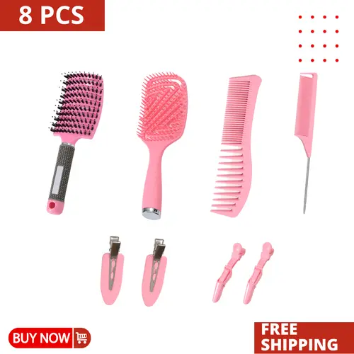 8-in-1 Anti Tangle Brush & Comb Set, Curly Hair Tools with Brush Styling Tool & Clips for All Hair Types