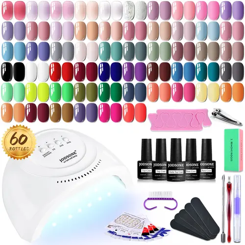 JODSONE 60 PCS Gel Nail Polish Kit with U V Light Base and Matte Glossy Top Coat Nail Gel Polish Soak off Manicure Accessory Tools Suitable for All Seasons