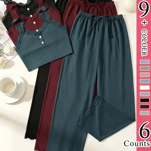 6-Piece Lace Trim Casual Tank Top and Pants Set, Ribbed Polyester Multi-Color Pajama Set, V-Neck Cami and Elastic Waist Long Pants, Women's Sleepwear, Loungewear, Pjs