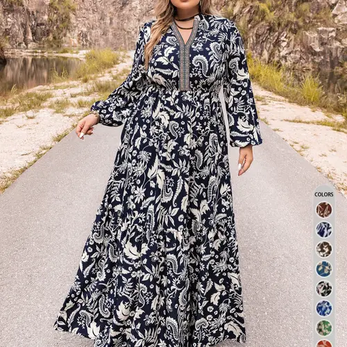 Plus Size Paisley Print Notched Neck Bishop Sleeve Casual A Line Dress, Bohemian Boho Long Sleeve Long Dress, Summer Outfits 2024, Women Plus Size Clothing, Garment