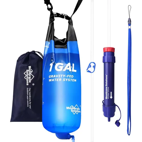 Membrane Solutions 1-Gallon Gravity Water Filter, 0.1-Micron Filtration, Adjustable Tree Strap, Storage Bag, Camping Survival Emergency Preparedness Gear