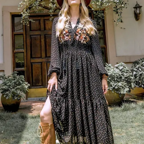 Plus Floral Dot Embroidered Ruffle Hem Shirred Tie Neck A Line Dress, Dress for Women, Boho Summer Casual Wear, Bohemian Style Dresses, Bishop Sleeve Dress for Daily Wear, Women Plus Clothing, Embroidery, Casual Boho Fashion