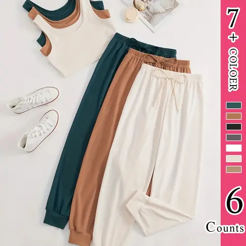 Women's Plain Pajama Pants Set, Girl Nightwear, Basic Fitted Crop Tank Top & Tie Front Elastic Waist Lounge Pants Pj Set, Summer Homewear & Sleepwear, Casual Summer Loungewear 2024, Womenswear