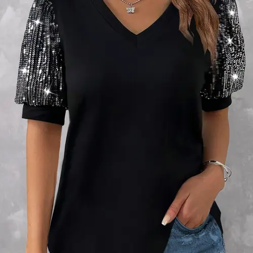 Plus Size Contrast Sequin V Neck Puff Sleeve Tee, Summer Clothes Women, Fashion Casual Basic Short Sleeve T-Shirt for Daily Holiday Vacation Outdoor Wear, Women Plus Clothing for Summer, Tops, Womenswear, Lady