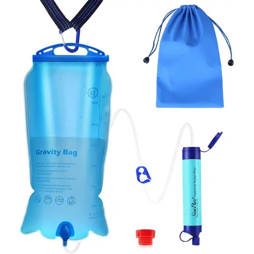 SimPure/WAKIWAKI/MS Manual Emergency Personal Water Filter - 3L BPA-Free Storage Bag, Tree Strap, Camping Backpacking Survival Gear for Hiking, Removes Chlorine, Survival Water Purifier