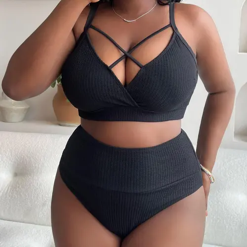 [Plus Size] Criss Cross Cut Out Bikini Set, Cutout Bikini, Ribbed Bikini Sets, Bikini Swimsuit Set, Solid Adjustable Strap Swim Top & High Waist Swim Bottom, Bathing Suits, Women's Swimwear for Summer