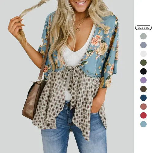 Imily Bela Womens Floral Boho Patchwork Kimono Cover Ups Ruffle Short Sleeve Chiffon Lightweight Cardigans