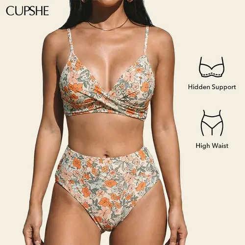 CUPSHE High Waisted Bikini Sets for Women 2026: Tummy Control Two Piece Swimsuit with Twist Front V Neck & Adjustable Straps, Size Inclusive XS XXXL Floral Bathing Suits Summer Beach Holiday Bathing suit #summerfinds