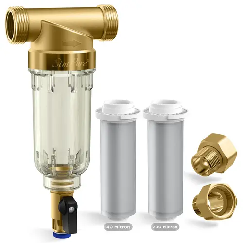 SimPure DC5P/S Reusable Whole House Home Water Pre-Filter System - 40µm Mesh Grit Trap, 200µm Spin Down, Brass Valve, Burst Proof, SGS Certified, Activated Carbon, BPA-Free Steel, NPT Threads, 20GPM, Anti-Freezing, 2.4x3.7x8.3in, for City/Well Water, Bath
