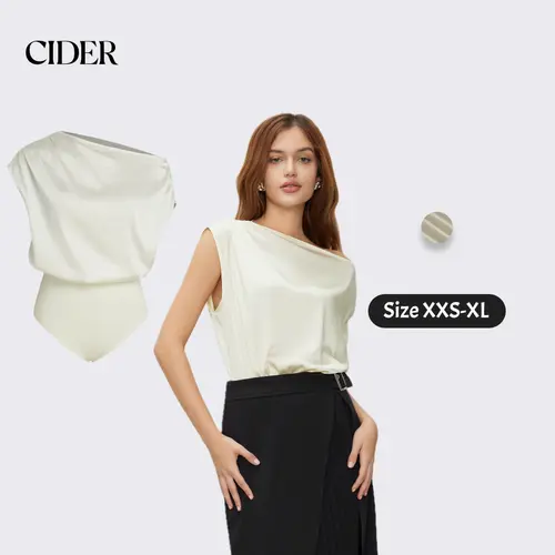 Cider Satin Asymmetrical Neck Solid Ruched Bodysuit