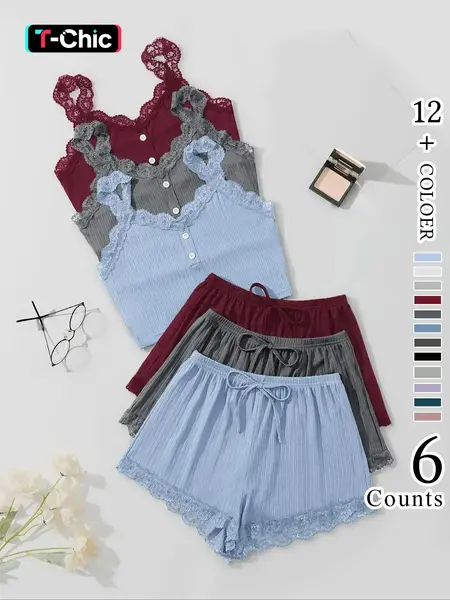 Women's Elegant Chic Contrast Lace Button Jersey Cami Top & Elastic Waist Tie Front Shorts Pyjama Set, Casual Comfortable Soft Loungewear Set For Women, Fit Pyjamas for Women, Spring, Lingerie, Casual Comfy Lingerie, Elegance, All Seasons Lingerie