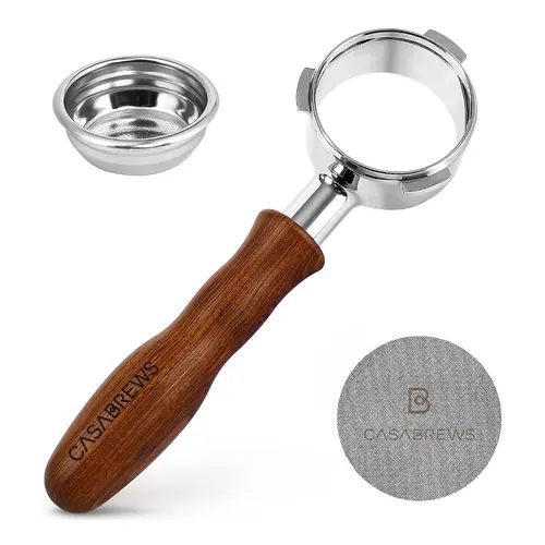 CASABREWS 58mm Bottomless Portafilter with Solid Wood Handle, Food-Grade Stainless Steel Espresso Filter Holder with Double Shot Basket, Puck Screen for Bottomless Viewing