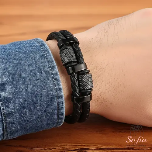 Men's Leather Braided Titanium Steel Bangle - Multilayer Boho Style Wristband with Magnetic Closure, Boho-Inspired Look with Modern Edge, Metal Type Bracelets & Bangles, Unique Valentines Gift for Boyfriend