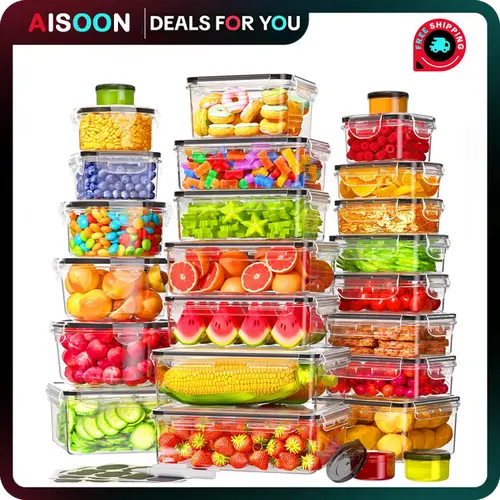 AISOON 50-Piece Plastic Food Storage Containers Set - 25 Multi-Size BPA-Free 4-Clip Airtight Dustproof Microwave Safe Reusable Stackable Leak-Proof Meal Prep Boxes with Lids, Labels & Marker, Maintains Freshness for Fridge Organization, Kid Lunch Packing