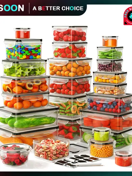 AISOON 40 PCS Extra Large 85oz Plastic Airtight Food Storage Containers Set (20 Containers + 20 Lids) - Square, Round, Rectangular, Leakproof, Reusable, Microwave & Dishwasher Safe, with Labels & Pen for Storage Organization, Kitchen, Utensils