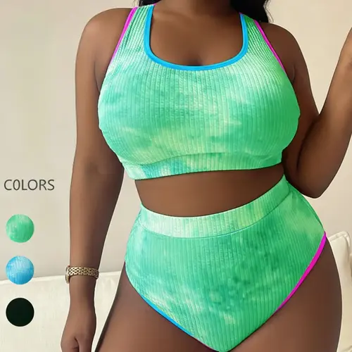 Plus Size Women's Tie-Dye Print Contrast Binding Tankini Two-Piece Set, Tankini Swimsuits Set, Chic U-Neck Swim Top and High-Waisted Swim Bottom, Women's Summer Outfit 2024, Swimwear Sets