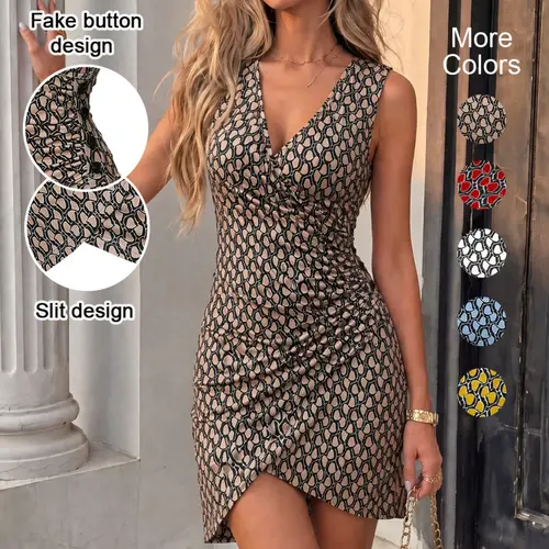 Women's Geometric Print Sleeveless Wrap Dress, Ruched Design, Sexy Short Dress for All Seasons, Party Wear, High-End Inner Skirt, Body Con Dress