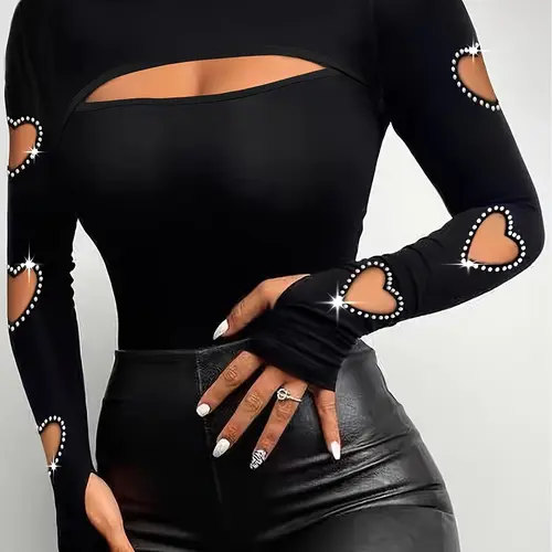 Women's Rhinestone Decor Heart Shaped Cut Out High Neck Fitted Tee, Elegant Style Long Sleeve T-Shirt for Spring & Fall, Day & Evening, Women's Clothing for Casual Daily Wear, Cute Tops, Womenswear