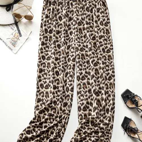 【Plus Size】 Plain / Leopard Print Elastic Waist Wide Leg Pants, Casual Street Trousers for Daily Wear, Ladies Bottoms for Spring & Fall, Casual Fashion Bottoms, Casual Style Bottoms, Casual Fitted Trousers, Casual Elastic Waisted