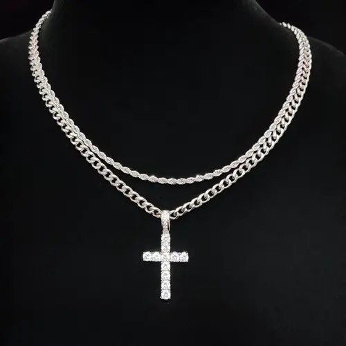 Hip Hop Twist Chain Necklace & Rhinestone Cross Pendant Necklace for Daily Decoration, Stainless Steel Jewelry for Men & Women, Classic Jewelry for Gift, Statement Religious Necklace