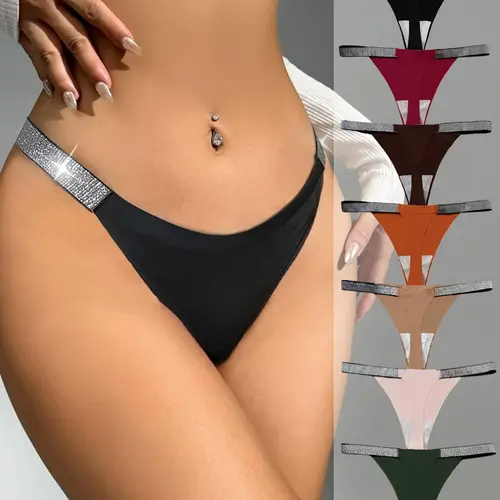 Women's 7pcs Solid Glitter Tape Thong, Soft Comfortable Breathable Fitted Basic Knitting Fabric Drop Waist Casual Panty for Daily Wear, Women's Underwear for All Seasons Womenswear Soft Breathable Panties