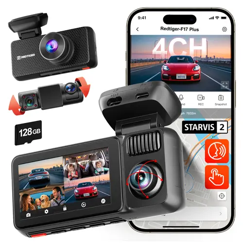 REDTIGER F17 Plus 4 Channel Dash Cam 2.7K+1080P*3 STARVIS 2 128GB Card 360° Front Inside Rear IR Night Vision 5GHz WiFi GPS Voice Control Touchscreen Parking Mode Holiday Haul, Car rvibes, Car VLOG, Summervibes
