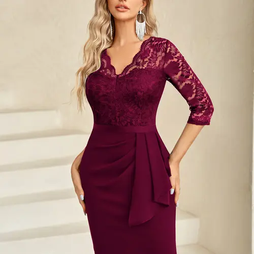 Miusol Women's Elegant Retro Floral Lace Cocktail Dress with Chic V-Neck and Ruffle 3/4-Sleeves for Parties