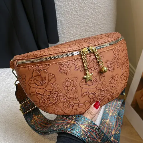 Women's Retro Floral Pattern Crossbody Fanny Pack for Women, Summer 2025 Trendy Fashion Pu Leather Zipper Belt Bag Casual Bum Bag Bumbag with Adjustable Strap for Daily Used, Versatile Bag, Fashion Waist Packs, Waist Bags