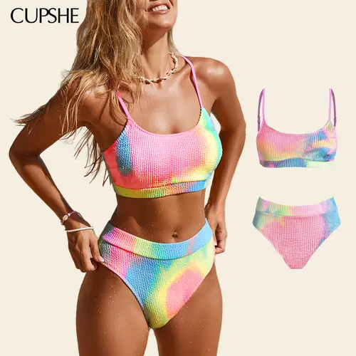 CUPSHE Women's 2-Piece Bikini Set - Stylish High-Waisted Scoop Neck Swimwear with Adjustable Spaghetti Straps, Textured Fabric, Beachwear for Summer #summerfinds tiktokshopbacktoschool