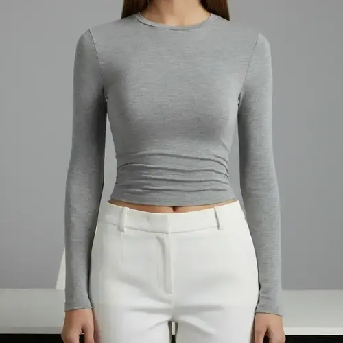 Women's Autumn Winter Casual Slim-Fit Long Sleeve T-Shirt Set, Side Ruched Design, Three-Piece Fashion Top for Daily Wear