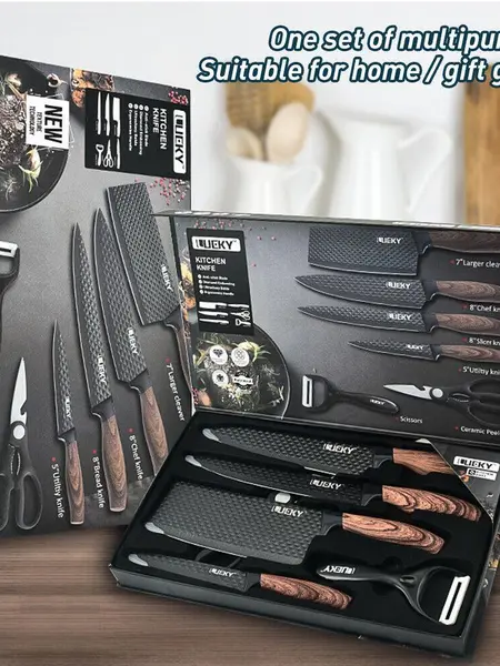 【DealsForYou】 6pcs Kitchen Knives Set Non-Stick Stainless Steel Chef Knife Cleaver Cooking Kit, Japanese Damascus Pattern Steel Chef Knife Kitchen Knives