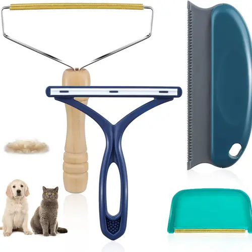 Pet Hair Remover Reusable Set (4 Pack) - Fur Removal Tool, Lint Roller Reusable, Wood Handle Lint Remover Shaver for Couch, Carpet, Dog & Cat Grooming, Portable Scraper Brush with Easy Cleaning