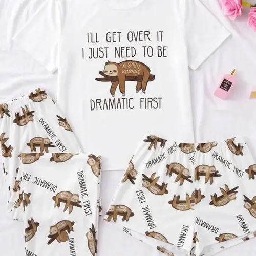 Three-Piece Set Women's Cute Cartoon Sloth Print Tee & Shorts & Pants Pyjama Set, Casual Comfy Crew Neck T-Shirt & Shorts & Trousers PJ Set, Summer Clothes Women, Summer Outfits 2024, Pajamas Lounge Set, Loungewear, Pajamas Sets, Printed Pajama Set
