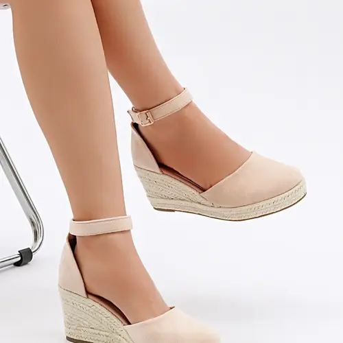 Women's Wedge Ankle Strap Bohemian Sandals, Boho Style Solid Color Wedge Platform Sandals for Beach Vacation, Woven Shoes for Women & Girls