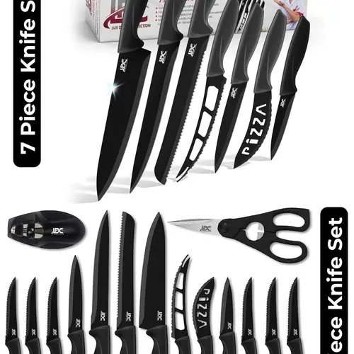 Lux Decor 7-Piece & 15-Piece Kitchen Knife Set with Universal Block – Stainless Steel Sharp Chef Knife Set, Anti-Rust Black Knife Block Set, Everyday Kitchen Essentials, Home Chef Cooking Set, Ramadan Kitchen Gift