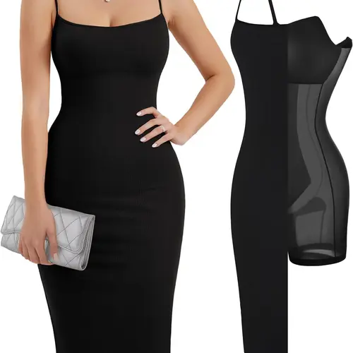 Popilush Slip Midi Dress Built-In Shapewear Spaghetti Straps Tummy Control Bodycon Sexy Casual Fabric