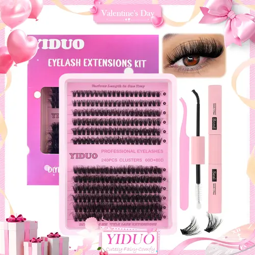 Natural Eyelash Extensions Kit, DIY Lash Set, Volume False Eyelashes with Eyelash Tweezers & Eyelash Glue, Curling Strip Lashes, Fluffy Cluster Lashes, DIY Eyelash Clusters, D Curl Lash Extension