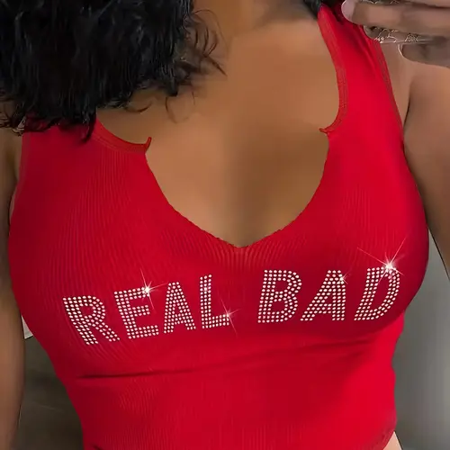 Women's Rhinestone Letter Decor Notched Neck Crop Fitted Tank Top, Girly Clothes, Slim, Casual Elegant Sleeveless Y2k Streetwear Top, Summer Tops 2025